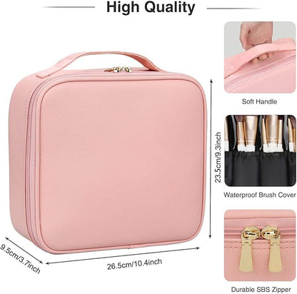 Travel Makeup Case, PU Leather Portable Organizer Makeup Train Case Makeup Bag Cosmetic Case with Adjustable Dividers for Cosmetics Makeup Brushes Women (Pink)