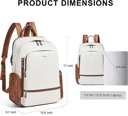 Leather Backpack for Women, Fits 15.6 Inch Laptop, Soft Vegan Leather Backpack for Travel and Daily Use, Beige