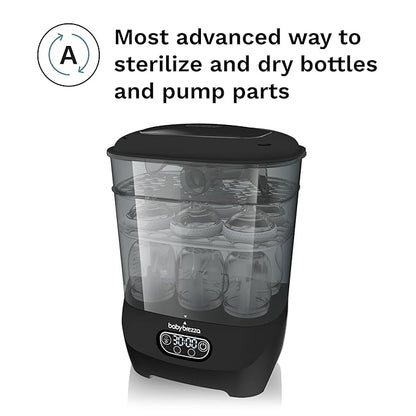 Baby Brezza Bottle Sterilizer and Dryer Advanced – 33% Faster - Largest Capacity Steam Sanitizer - Universal Sterilization Machine for All Bottles + Pump Parts - HEPA Air Filter, Black