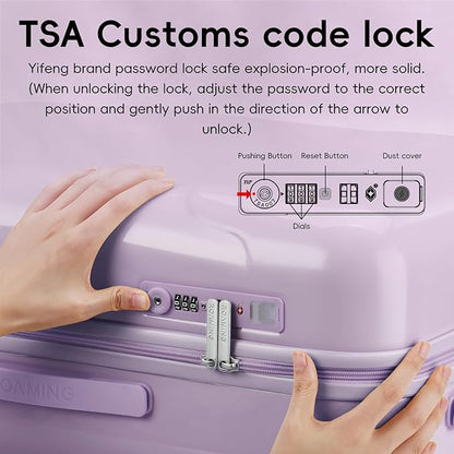 ROAMING 20-Inch Purple Carry On Luggage Airline Approved Lightweight PC Hardside Rolling Suitcase with TSA Lock Cup Holder USB Charging Port and Spinner Wheels for Women Ice cream suitcase