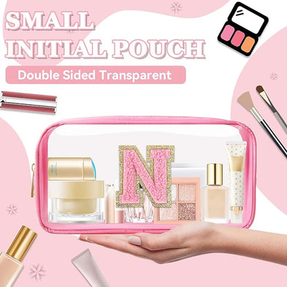 Small Clear Personalized Initial Makeup Bag,Nylon Preppy A-Z Chenille Letter Patch Cosmetic Pouch Beach Toiletry Bag,Waterproof Zipper Travel Purse Storage Bag Organizer for Women Girls(Pink-Pink N)