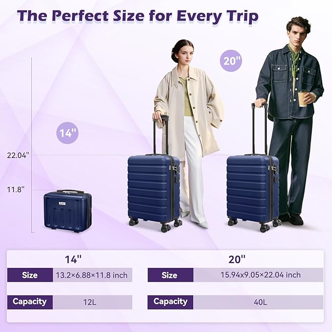 AnyZip Suitcase, 20" Carry On Luggage 14" Mini Cosmetic Cases Luggage Sets Hardside PC ABS Lightweight USB Suitcase with Wheels TSA for kids (2-Piece Set (14/20),DarkBlue)