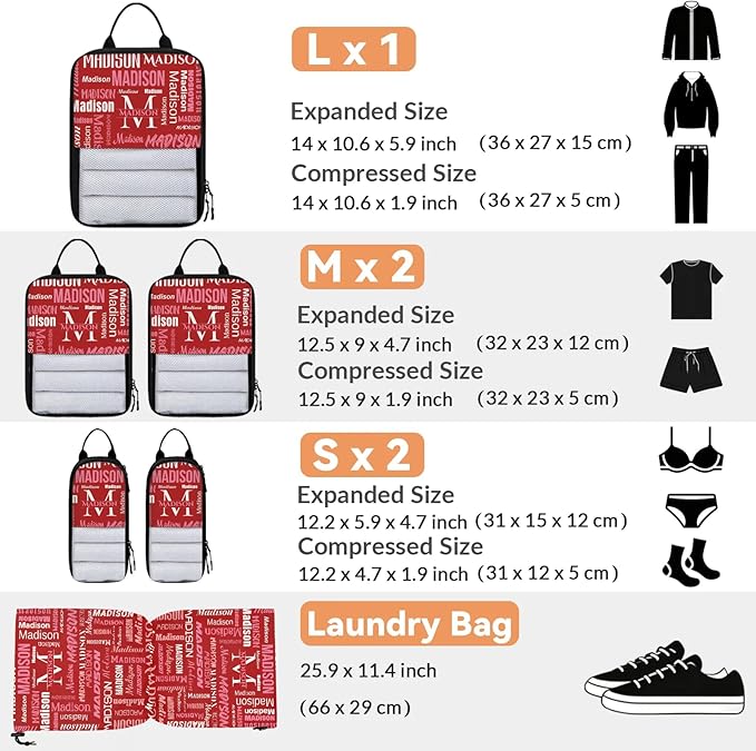 Personalized 6 Set Compression Packing Cubes for Travel Essentials with Name Initial Customized Lightweight Carry on Expandable Luggage Organizer Bags for Women and Men, Red
