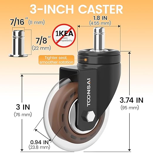 Upgraded,3 Inch Office Desk Chair Wheels Replacement, Computer Gaming Casters for Carpet, Stem 7/16-7/8 Set of 5 for Furniture Hardwood Hard Floors Chair Castors Tile Smooth Safe Quiet Rolling 1100 LB