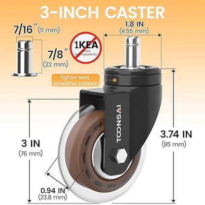 Upgraded,3 Inch Office Desk Chair Wheels Replacement, Computer Gaming Casters for Carpet, Stem 7/16-7/8 Set of 5 for Furniture Hardwood Hard Floors Chair Castors Tile Smooth Safe Quiet Rolling 1100 LB