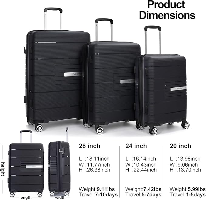 Luggage 3 Piece Sets Suitcase Set with Double Spinner Wheels, Lightweight Carry On Hardside Travel Luggage with TSA Lock, (20/24/28) (Black)