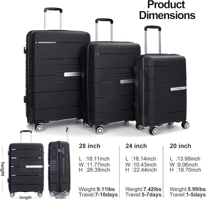 Luggage 3 Piece Sets Suitcase Set with Double Spinner Wheels, Lightweight Carry On Hardside Travel Luggage with TSA Lock, (20/24/28) (Black)