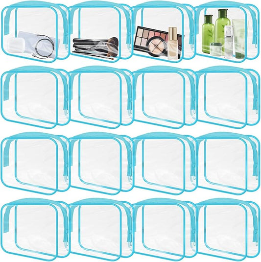16 Pieces Clear Makeup Bags Bulk, TSA Approved Toiletry Bags Travel Pouch, Waterproof PVC Plastic Small Clear Cosmetic Bags with Zipper for Organizing (Blue Border)
