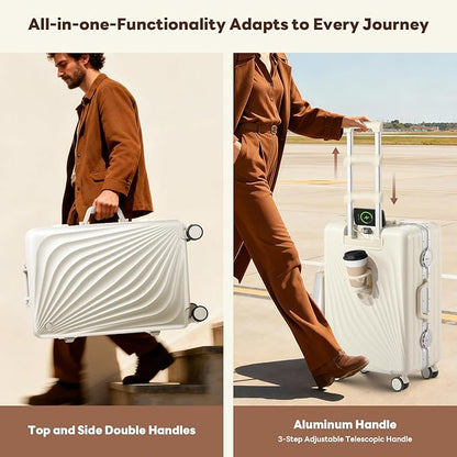 3-Piece Hardside Luggage Sets Aluminum Frame, 20+24+28 Inch Suitcases with USB Charging Port, Foldable Cup Holder, TSA Locks & Spinner Wheels for Travel, Ivory White