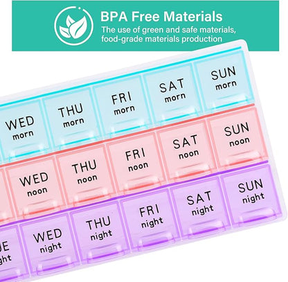 Large Weekly Pill Organizer 3 Times A Day,Travel Pill Cases ，Moisture-Proof 7 Day Pill Contaner, Portable for Pills Vitamin Fish Oil Supplements,Medicine Organizer（2Pack）