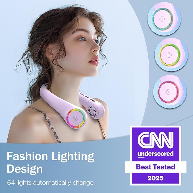 Portable Neck Fan, Personal Fan with 4000mAh Battery, Rechargeable Neck Fan with 3 Speeds and 64 Cool Lights, Birthday Gifts for Men Women Mom Dad, Hands Free Cooling fan for Summer(Purple)