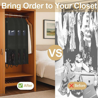 Large Heavy Duty Clothing Storage and Travel Garment Bag, Hanging Clothes Protector with Breathable Zippered Closet Organizer, Perfect for Suits Dresses Moving and Black Fabric Design