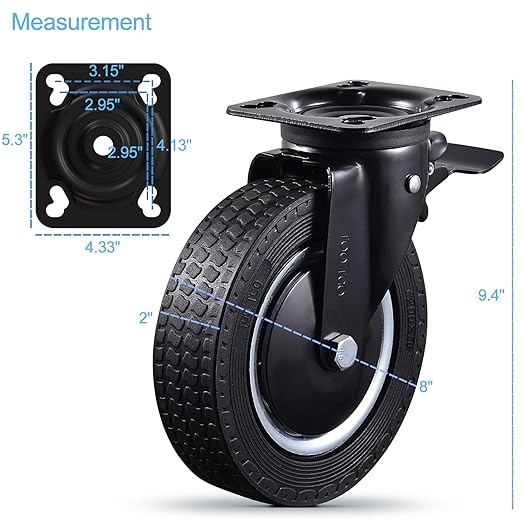 Heavy Duty 8 Inch Caster Wheels Set of 4 Industrial Swivel Locking Casters with Brake 3200 Lbs Load Capacity Rubber Wheels for Cart, Furniture, Workbench Outdoor Black Castors, Includes Bolts & Screws