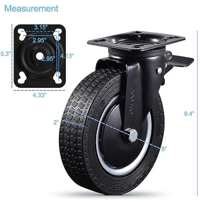 Rigid 8 Inch Caster Wheels Set of 4 Heavy Duty Industrial Swivel Locking Casters 3200 Lbs Load Capacity, Fixed Black Rubber Wheels for Cart, Furniture, Workbench - Bolts & Screws Included…
