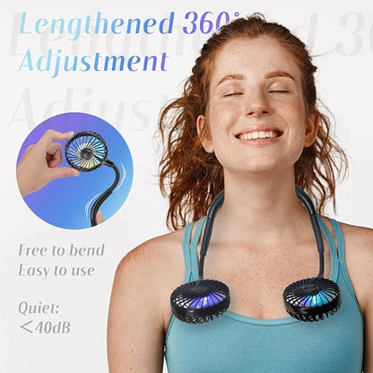 VAGAU Portable Cooling Neck Fan, Rechargeable USB Personal Neck Fan with Colorful LED lights, 360° Rotation, Wearable Neck Fan Air Conditioner for Office Travel Sport, 3 Adjustable Speeds（2 Pack）
