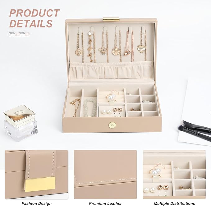 Tangle-Free Jewelry Organizer Single Layer Case with Secure Leather Strap for Necklaces, Rings, Earrings, Elegant Travel & Home Storage Apricot