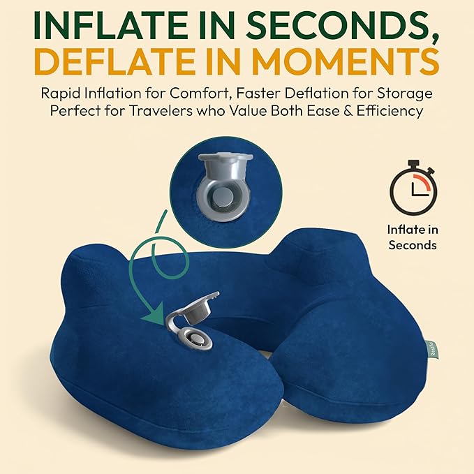 Adjustable Memory Foam Sides Inflatable Travel Neck Pillow | Super Soft, Compact & Portable Neck Support Pillow (Navy Blue, Standard)