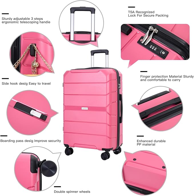Travelhouse Luggage Sets, Hardside Suitcases 24in/28in, Carry on 20in,3 Piece Set Travel Luggages Clearance with Double Spinner Wheels TSA Lock Lightweight (Pink)
