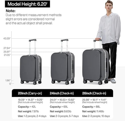 mixi 26 Inch Large Checked Luggage PC Hard Shell Suitcase Top Opening Aluminum Frame Travel Suitcases with Wheels, Rock Gray