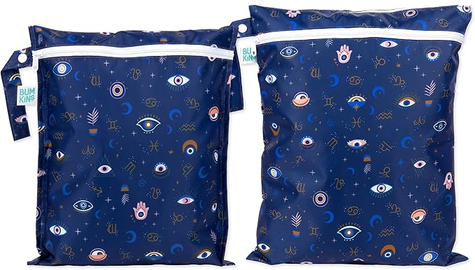 Bumkins - Waterproof Wet and Wetdry Bags - For Beach, Baby, Travel, Swim Suit, Cloth Diapers, Pump Parts, Pool, Gym, Toiletries - Reusable & Easy to Clean - Evil Eye - 2 Pack
