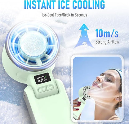Upgraded Portable Handheld Fan with 60°F Ice Cooling, Up tp 12Hrs Hand Held Portables Fans, 5 Speed 25550RPM Powerful Portable Fan Handheld, Hand/Neck/Desk Fan 3 IN 1(Green)