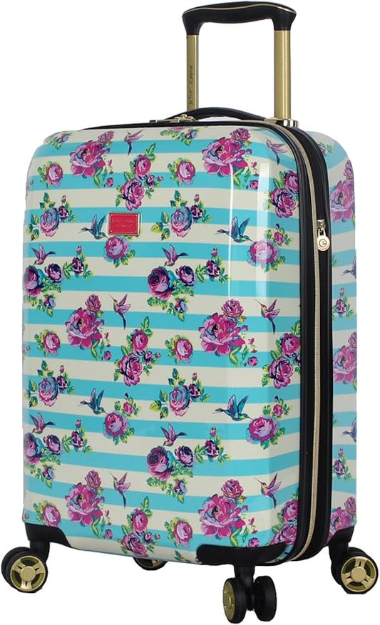 Betsey Johnson Designer 20 Inch Carry On - Expandable (ABS + PC) Hardside Luggage - Lightweight Durable Suitcase With 8-Rolling Spinner Wheels for Women (Stripe Floral Hummingbird)