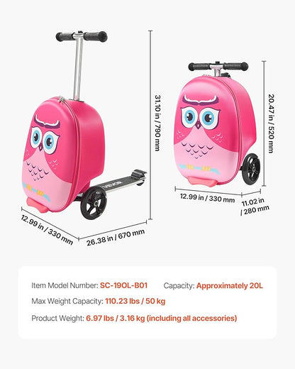 VEVOR Ride-on Luggage, 20 L Capacity, 20 Inches Kids Scooter Suitcase with Flash PU Wheels, Adjustable Handle & TPR Non-Slip Grip, Foldable & Lightweight Scooter Luggage for Kids Aged 5+, Pink