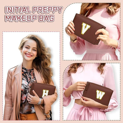 TOPEAST Preppy Makeup Bag, Personalized Initial Bags with Zipper, Cute Makeup Pouch, PU Leather Waterproof Cosmetic Bag, Birthday Gift for Daughter, Preppy Things for Girls (Brown A)