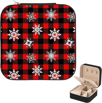 Red Black Plaid Snowflake Star Small Travel Jewelry Case Organizer With Mirror, Portable Display Storage Box for Earrings Necklaces, Mini Travel Essentials for Wife, Bridesmaid, Christmas Gift