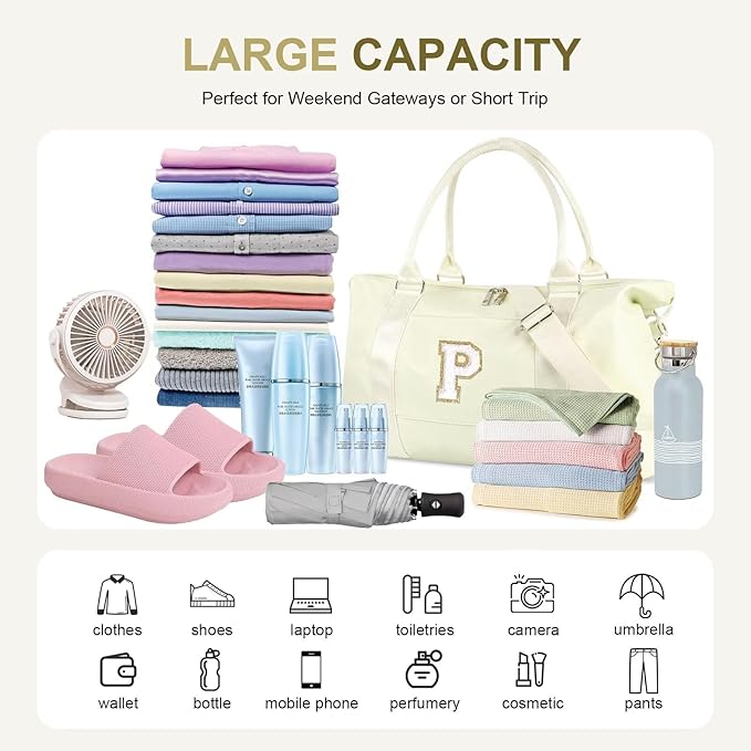 Dance Gym Duffel Bag for Teen Girls, Personalized Initial Travel Weekender Bag,Cute Overnight Carry On Duffle for Women,Sports Travel Cheer Bag,Monogram Christmas Gifts for Tween Preppy(beige-P)