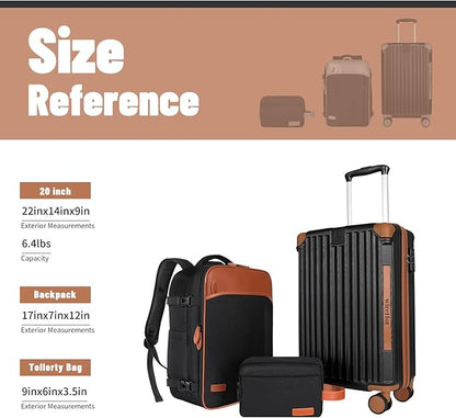 22x14x9 Airline Approved Vintage Style Carry On Luggage with Backpack Sets for Men, ABS+PC Hardshell Small 20 inch Retro Suitcase with Protective Cover & Tag (Black Brown, 20in/BP/TB)