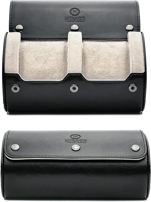 2 Watches Travel Case for Men - Mirage Watch Roll - Jade Black/Ivory White Vegan Leather