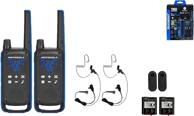 Motorola Solutions Talkabout T802 Portable FRS Two Way Radio 2 Pack Walkie Talkies Blue/Black 22 Channels with 2 PTT Surveillance Earpieces