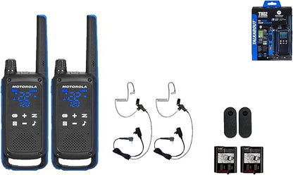 Motorola Solutions Talkabout T802 Portable FRS Two Way Radio 2 Pack Walkie Talkies Blue/Black 22 Channels with 2 PTT Surveillance Earpieces