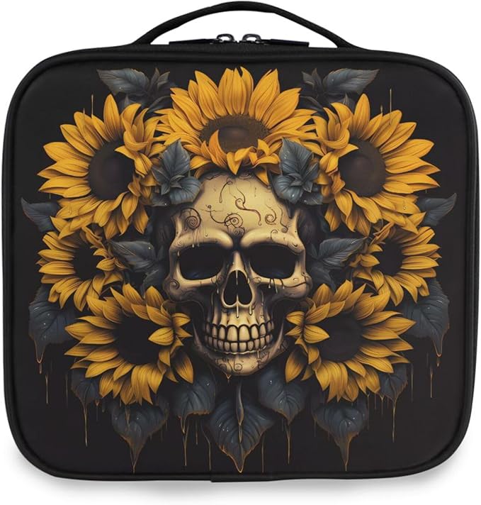 MNSRUU Travel Makeup Bag, Skull and Sunflower Women Makeup Case Organizer Cosmetic Toiletry Bag for Teenage Girl with Adjustable Dividers