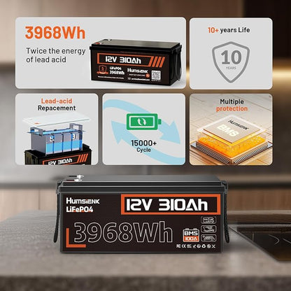 12V 300Ah (310Ah) LiFePO4 Lithium Battery – Max. 3968Wh, 15000+ Deep Cycle Battery with 100A BMS, Low-Temp Cutoff | A+ Grade Cells for Marine, Trolling Motor, Off-Grid Home Energy Storage, Van Life