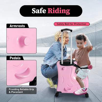 Kids Ride on Suitcase, 20" Ride on Luggage with 4 Wheels, Scooter Suitcase for Boys Girls, Toddler Carry on Suitcases with Safety Belt & Adjustable Handle, Travel Luggage for Ages 3-6 (Pink)