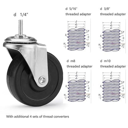 3-Inch Casters,Shelving Wheels, Wire Shelving Replacement Wheels Set of 4, Threaded Stem Rubber Casters (Screw Diameter 1/4"- 20) for Wire Shelves Rack Legs with 3/4" Posts