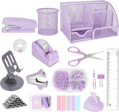 Desk Organizers and Accessories, Office Supplies 15PS Set with Stapler, Staple Remover, Pen Holder, Clips Set, Tape Dispenser, Tape, Phone Holder, 1000 Staples, Ruler, Scissors (Purple)