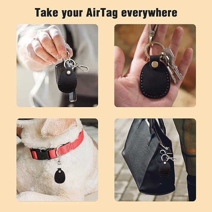 Genuine Leather Airtag Holder, Portable Air tag Keychain with Key Rings, Full Coverage Hidden Case Cover Compatible for Apple Airtag - Black