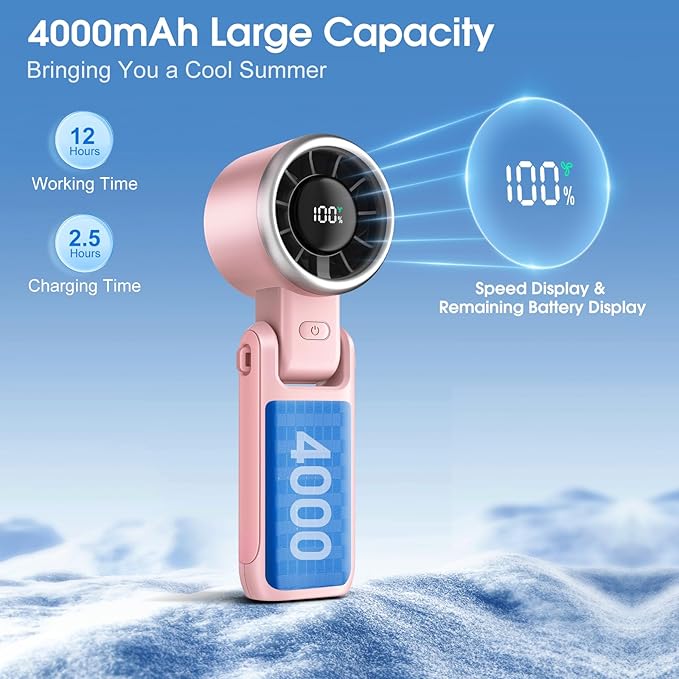 WHATOOK Portable Handheld Fan: Personal Fans with Air Turbo Tech, 5 Speeds Led Display, USB Rechargeable Battery Powered, 12 Hours Max, Mini Fan for Makeup, Concerts, Beaches, Travel (Pink)