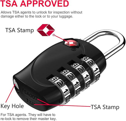 ZHEGE Luggage Locks TSA Approved, Zipper Locks for Suitcase, Backpack, Tent, 4 Digit Small Combination Padlocks for Travel, Gun Case, Gym Lockers (Black, 2 Pack)