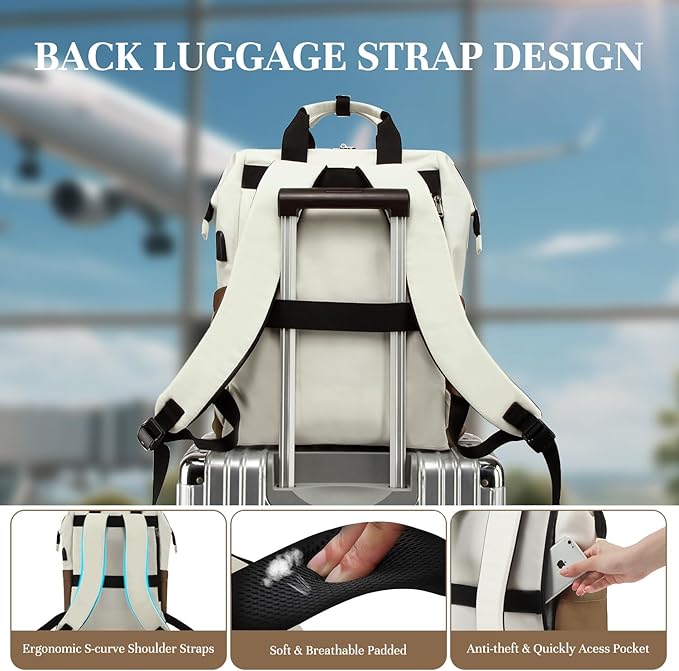 Timeet Laptop Backpack for Women Men, 17 Inch Travel Backpack with USB Charging Port, Water Resistant & Anti-theft for Work College Business, Multifunctional Carry on Backpack, White-brown