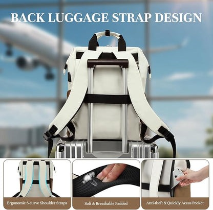 Timeet Laptop Backpack for Women Men, 15.6 Inch Travel Backpack with USB Charging Port, Water Resistant & Anti-theft for Work College Business, Multifunctional Carry on Backpack, White-brown