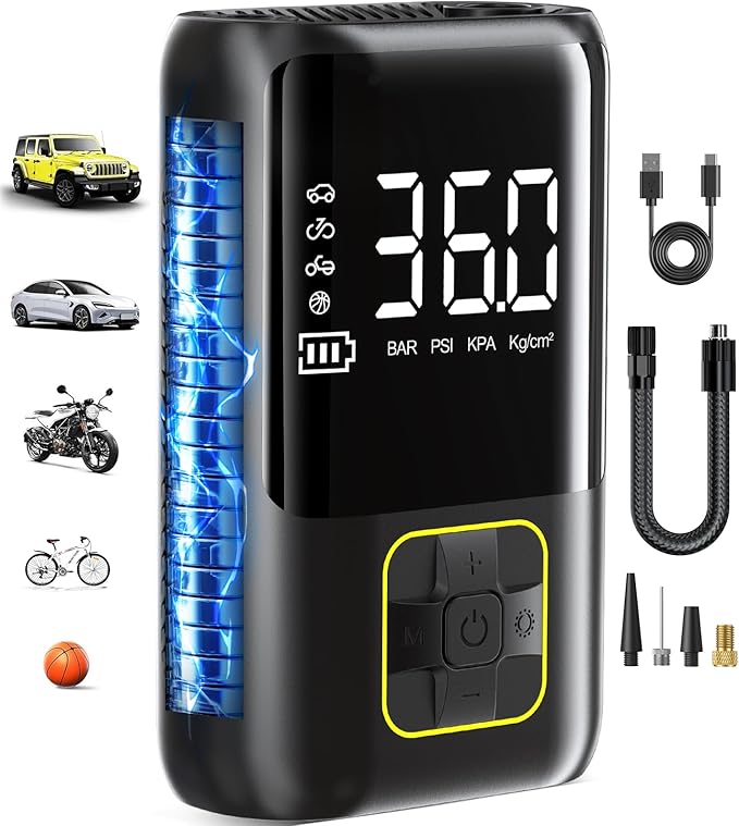 Tire Inflator Portable Air Compressor, 150 PSI Cordless Air Pump for Car Tires with Auto Shut-Off, LED Light and Digital Pressure Gauge, Electric Bike Tire Pump for Cars, Bike, Motorcycle, Ball