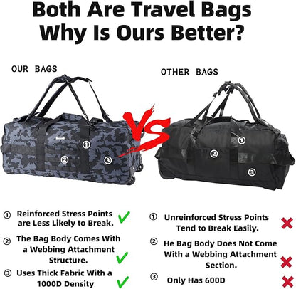 80L Waterproof Rolling Duffel Bag with Quick-Release Straps, Military Tactical Wheeled Foldable For Deployment Traveling Camping Sporting (Camouflage +Drawstring bag)