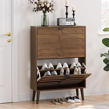 Spaco Walnut Shoe Storage Cabinet with 2 Flip Drawers for Entryway,Narrow Shoe Rack Organizer Cabinet with Doors for Hallway,Entrance