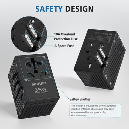 Travel Adapters, International Power Travel Plug Adapter, 3 USB-C & 1 USB-A Fast Charging Travel Charger, All in One Worldwide Travel Plug Adapter, (Black-35W)
