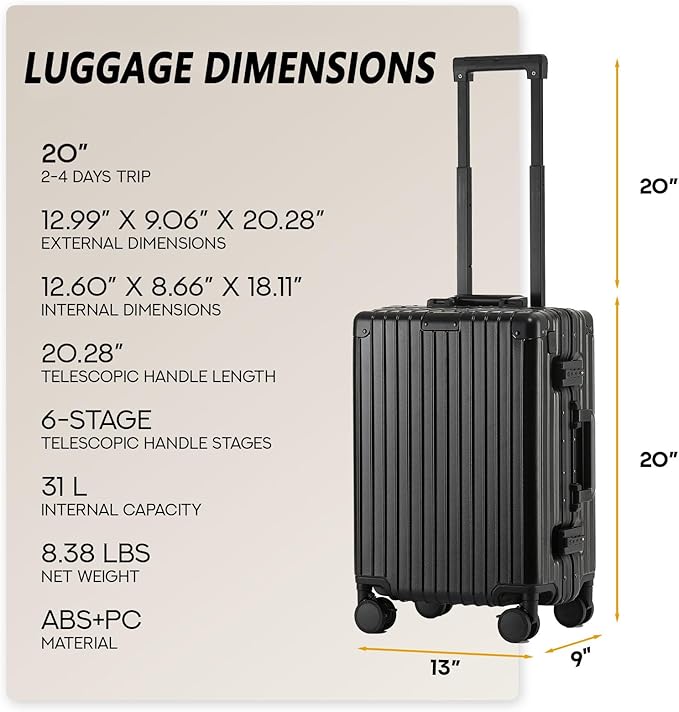 20 Inch Aluminum Frame Carry On Luggage 22x14x9 Airline Approved with Spinner Wheels,Zipperless Hard Shell Small Rolling Suitcases with TSA Approved USB Port,Cup & Phone Holder,Black