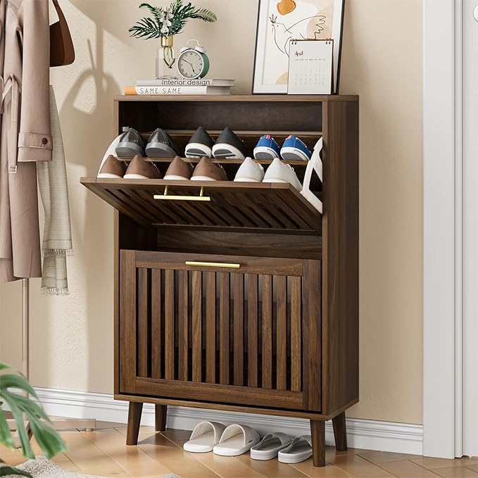 Walnut Shoe Cabinet for Entryway,Narrow Shoe Storage Cabinet with 2 Flip Drawer and Solid Wood Leg,Freestanding Slim Shoe Organizer for Entryway, Hallway